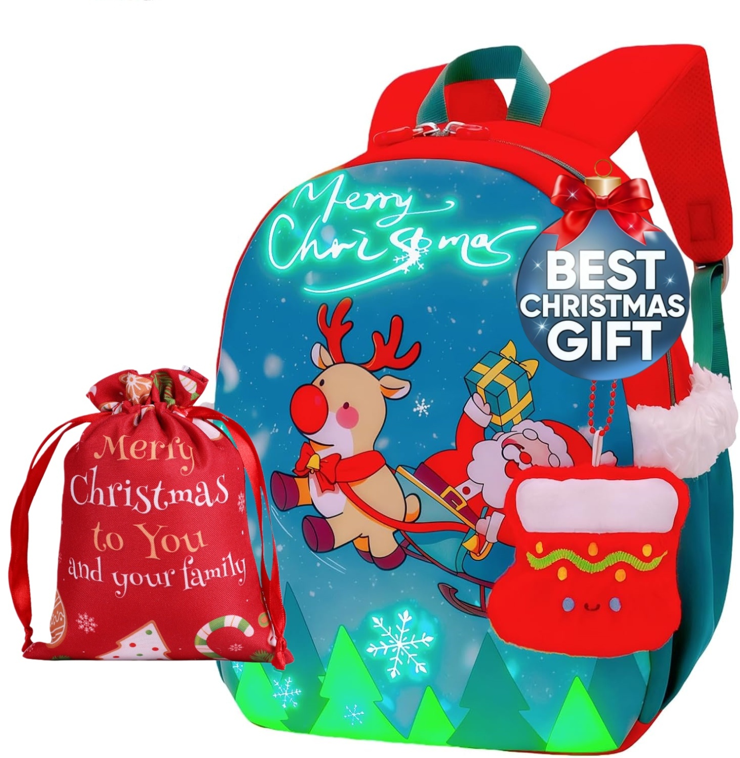 Christmas Kids Backpack Gift Bag with Glow-in-the-Dark Design,Cute Santa & Candy Elements