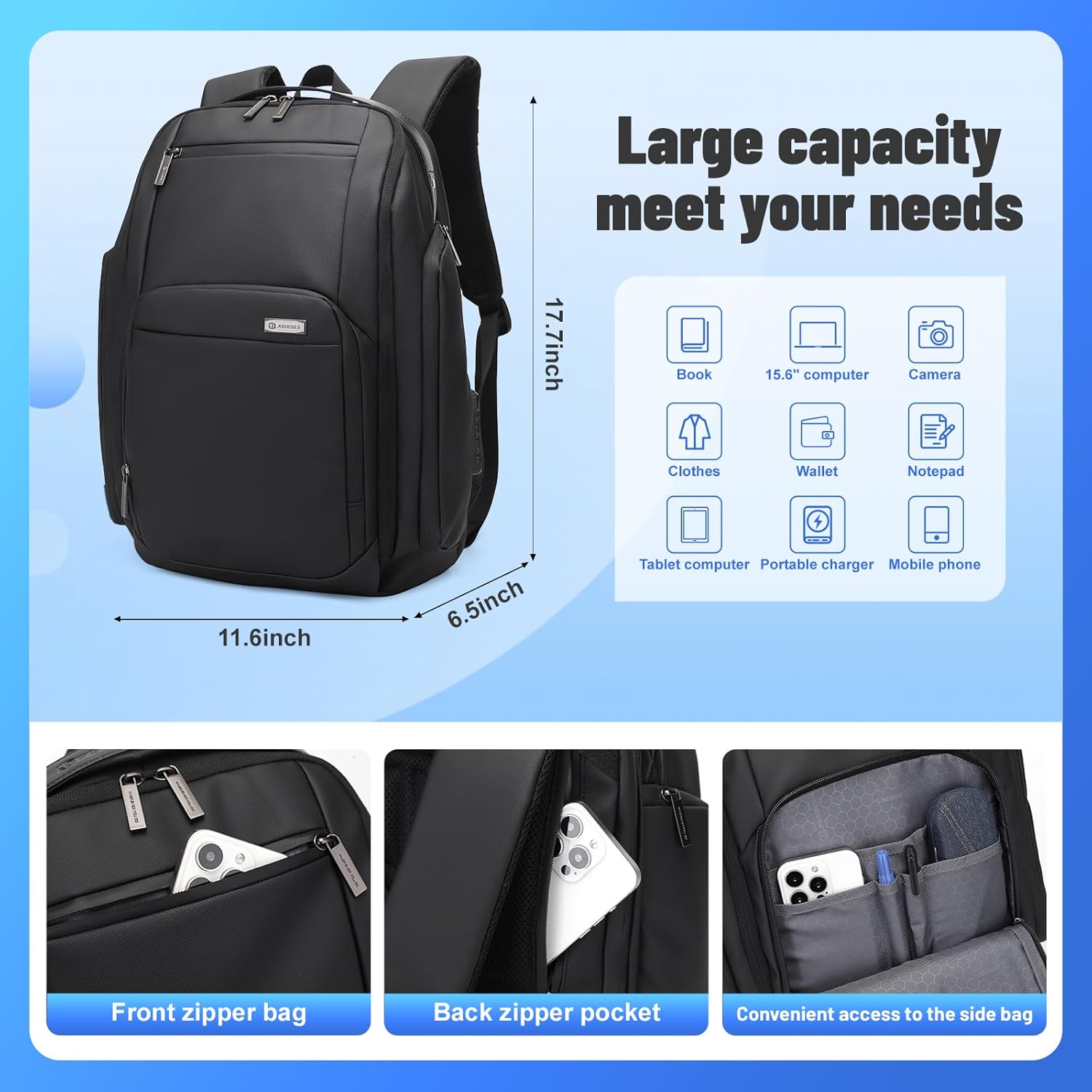 Jodebes Laptop Backpack with TSA lock,USB Charging Port Fits School & Travel - Slim Water-Resistant Business Bag,24L Deep Storage Travel Backpack Fits 15.6/17.3 Inch Laptop Backpack 