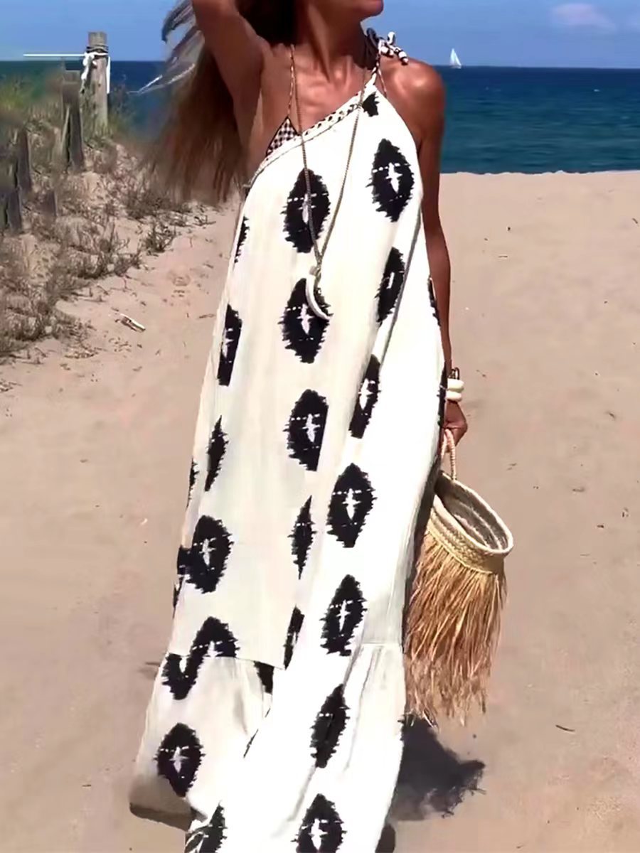 Light luxury style, abundant sunshine, ethnic beach, ocean soaring, printed one shoulder loose long skirt