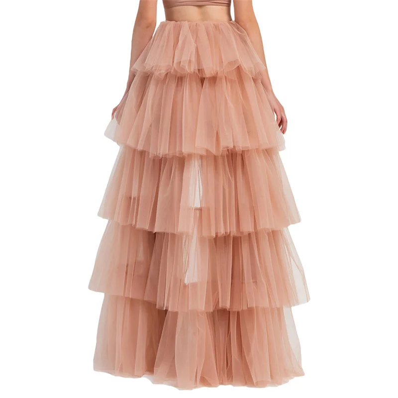 Tulle Skirts Women y2k Solid Color Elastic High Waist Asymmetrical Hem Long Skirts Summer Evening Party Skirt Clubwear