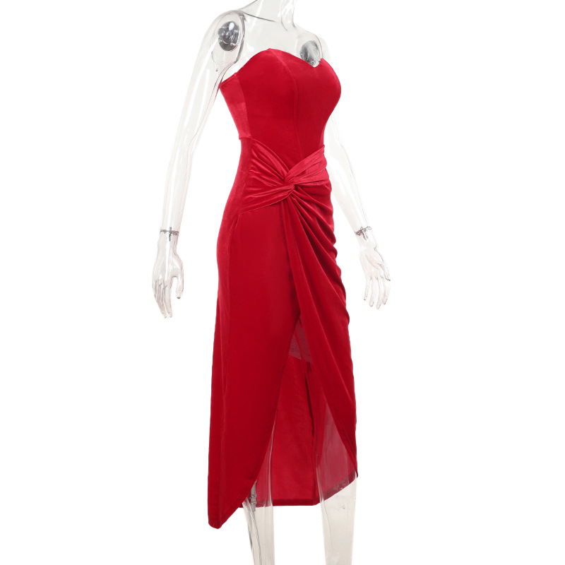 Autumn Maxi Dress Elegant Sexy Slim Tube Top Boning Corset Velvet Dress