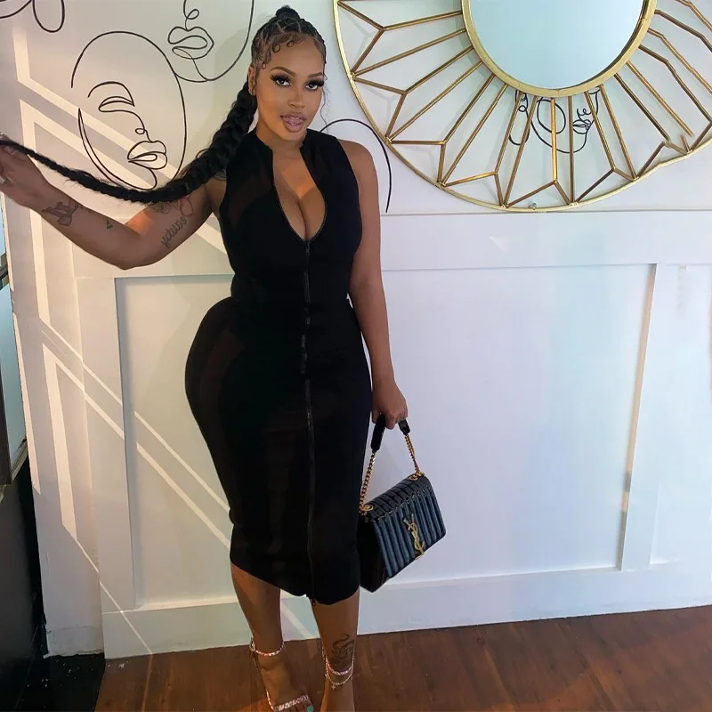 Sexi Night Dress Hot Club Outfits Women One Piece Aesthetic Clothes Sleeveless Bodycon Vestidos De Mujer Zipper Black Streetwear