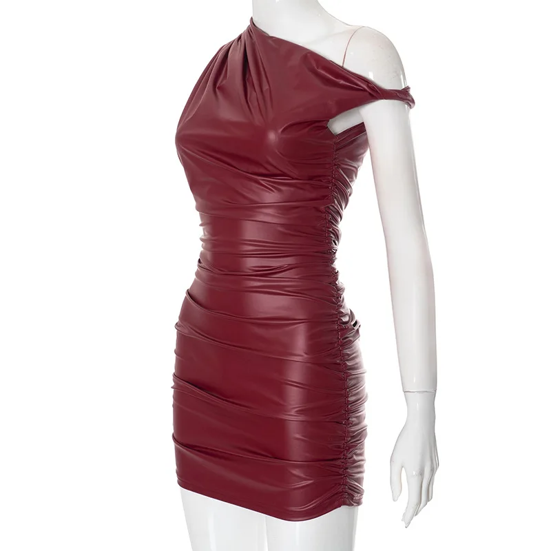 Faux Leather Skew Collar Mini Dress For Women Sexy Twist Sleeveless Ruched Dress Slim Fit Female Club Party Streetwear