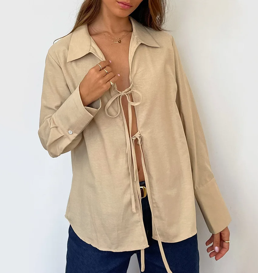 Women's Long Sleeve Shirt Hollow Lace Up Solid Color Casual Fashion Top Commuting Patchwork Women's Shirt Cardigan Top