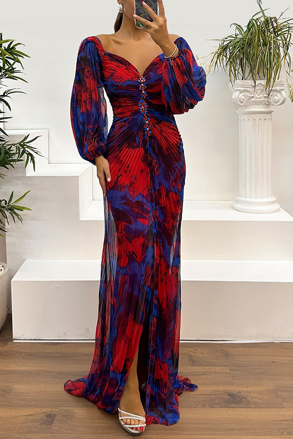 Sunset Serenade Printed Off Shoulder Embellished Pleated Slit Maxi Dress