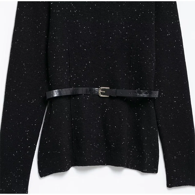 Vintage Black Turtleneck Sweater Pullover For Women With Belt Long Sleeved Loose Knitwear Female Spring Lady Soft Jumper New