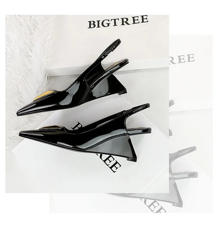 Patent Leather High Heels Wedges Shoes Lady Trendy Pumps Pointed Toe Hollow Back Strap 6.5 Cm Women Sandals White Heels Shoes