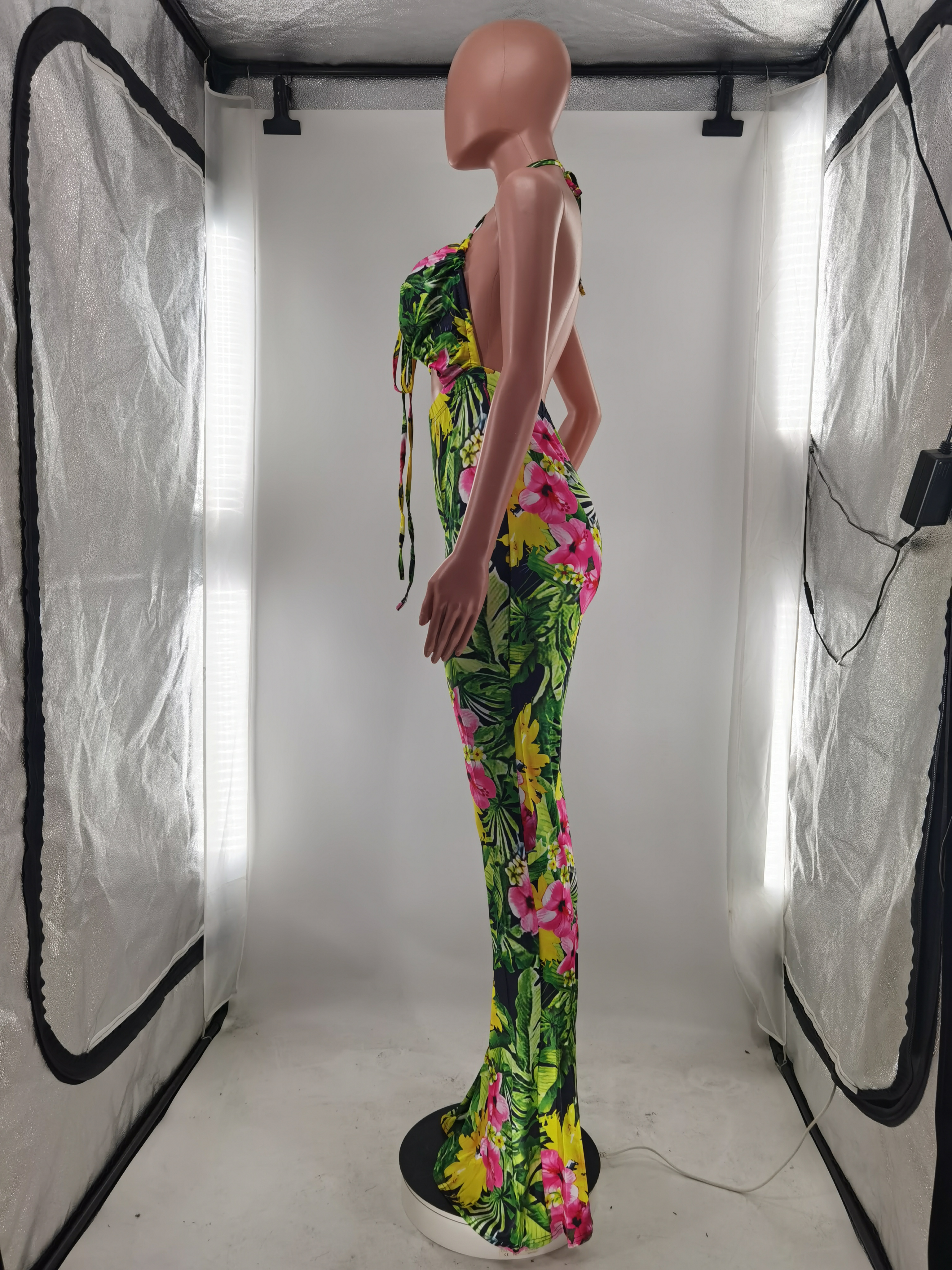Sexy Strap Women Printed Bell Bottom Pants Jumpsuit