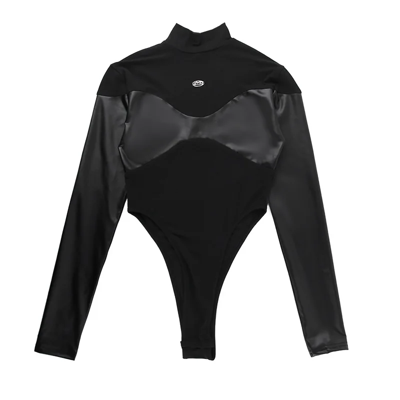 Long Sleeve Bodycon Lenceria Femenina Turtleneck Lingerie Sexy Body Feminino Black Tops Women PU Patchwork One-Pieces Bodysuit
