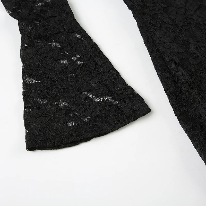 Lace Sheer Sexy Slim Fit Women��s Dress Flared Long Sleeves Slash Neck Black Mini Dress Fashion Trendy