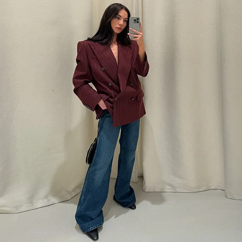 Striped Pant 2 Piece Set Women Double-breasted Full Sleeve Blazer Wide Leg Zipper Long Trousers Female 2025 Lady Commute Outfits