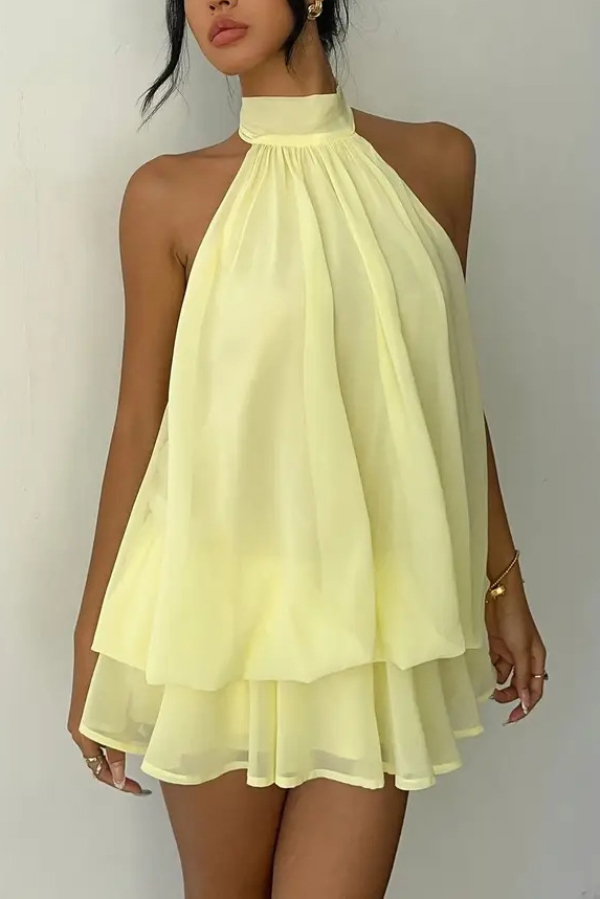Fashionable Chiffon Halter Neck Backless Lace-up Casual Vacation Mini Dress