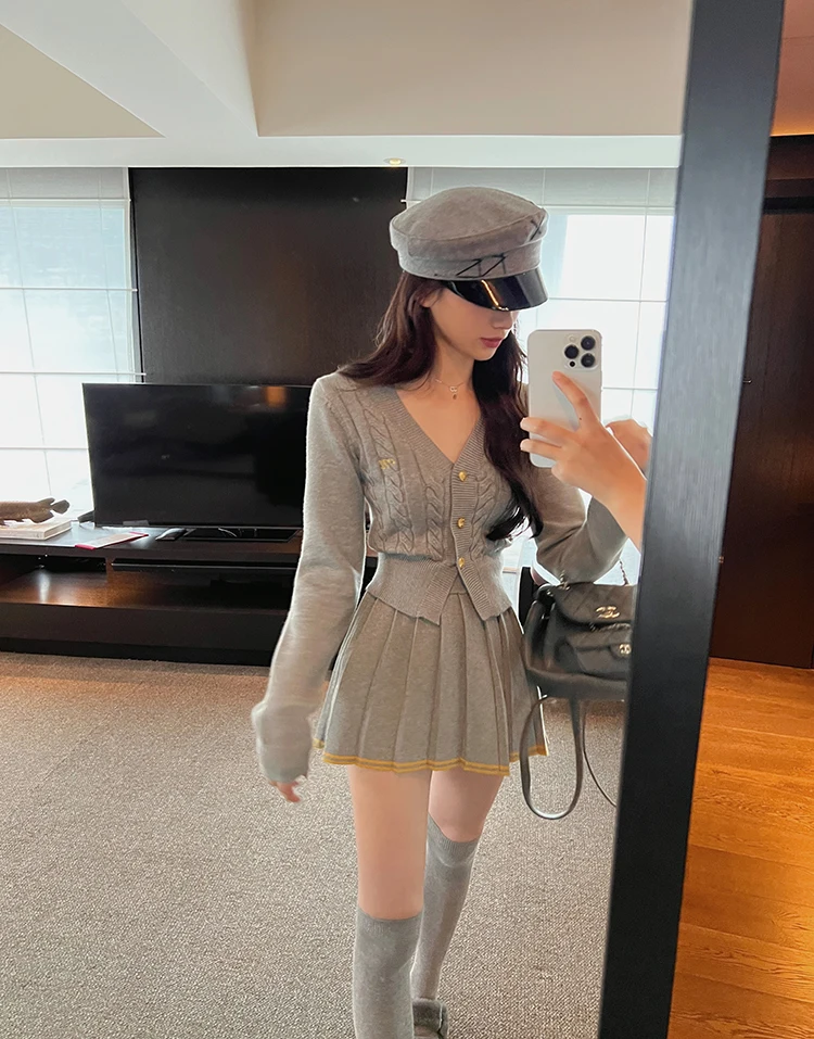 Autumn Knitted Two Piece Skirt Set Women Long Sleeve Single Breasted V-neck Top Mini Pleated Skirt Korean Chic Female Outfit New
