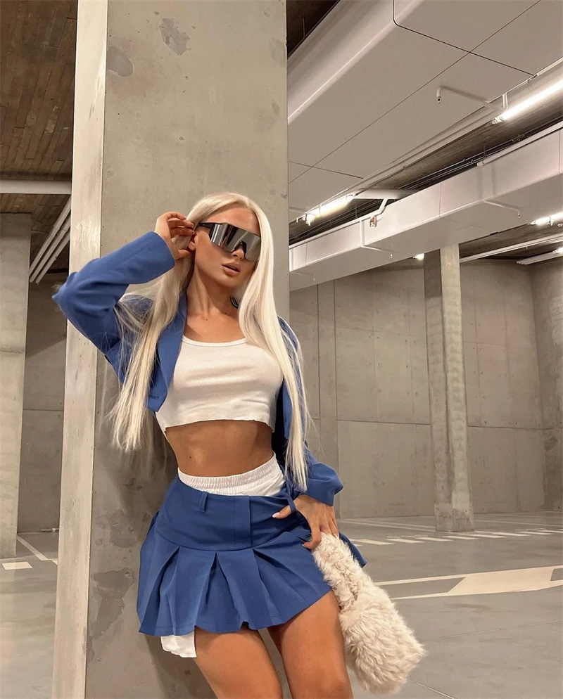 2025 Fall Women Blazer Suit Two Piece Sets Turn-down Collar Blazers Tops And Pleated Skirts Femme High Street Y2K Outfits