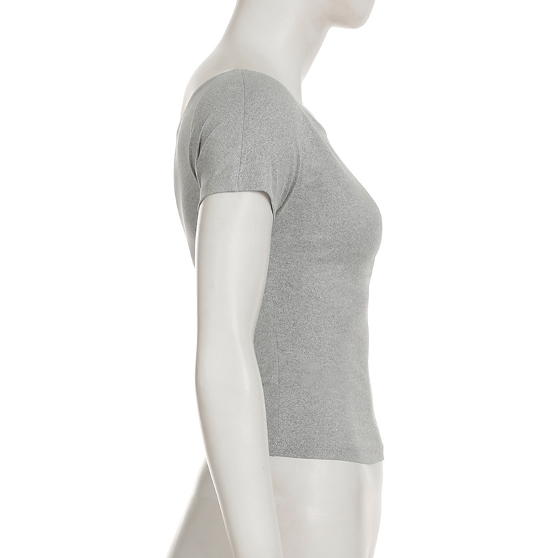 Summer Solid Color Basic Shoulder Short Sleeve Irregular Asymmetric Simple Casual T shirt off the Shoulder Short Top Women