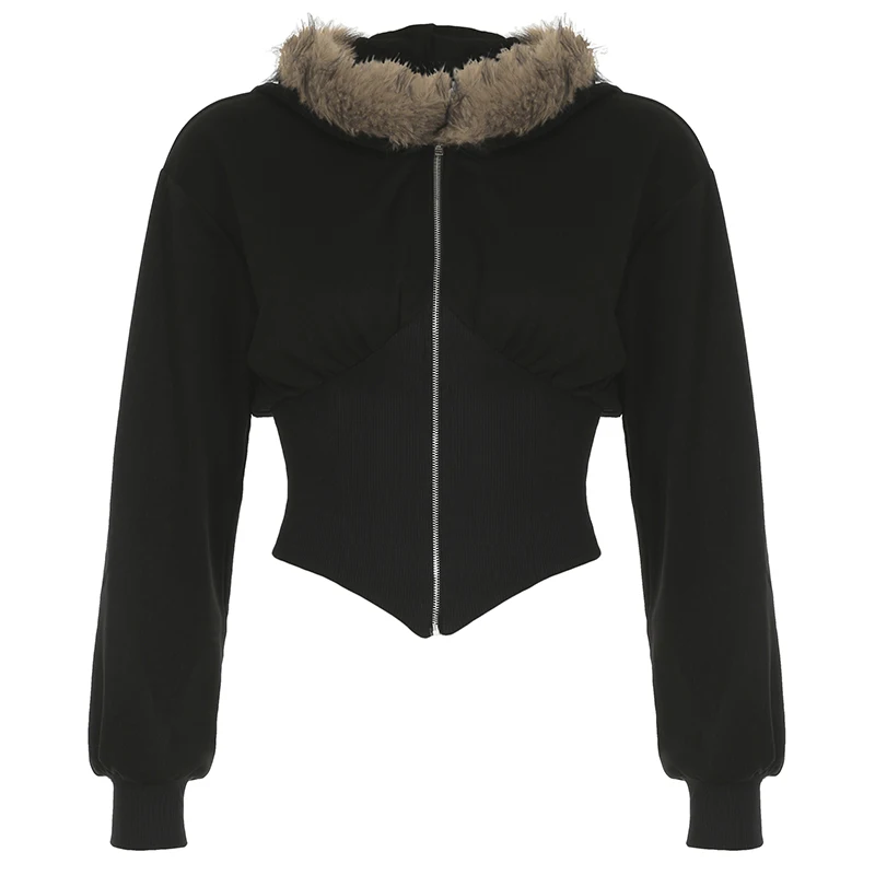 Y2K Fur Trim Hoodie Cardigan Women Basic Black Slim Cropped Jacket 90s Vintage Winter Zipper Coat Harajuku Streetwear