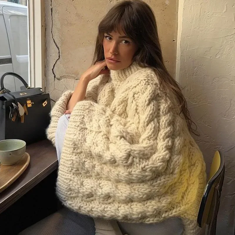 Knit Oversize High Neck Jumper Sweater Women Lazy Round Neck Ribbed Pullover Female Autumn Winter Thick Warm Lady Knitwear