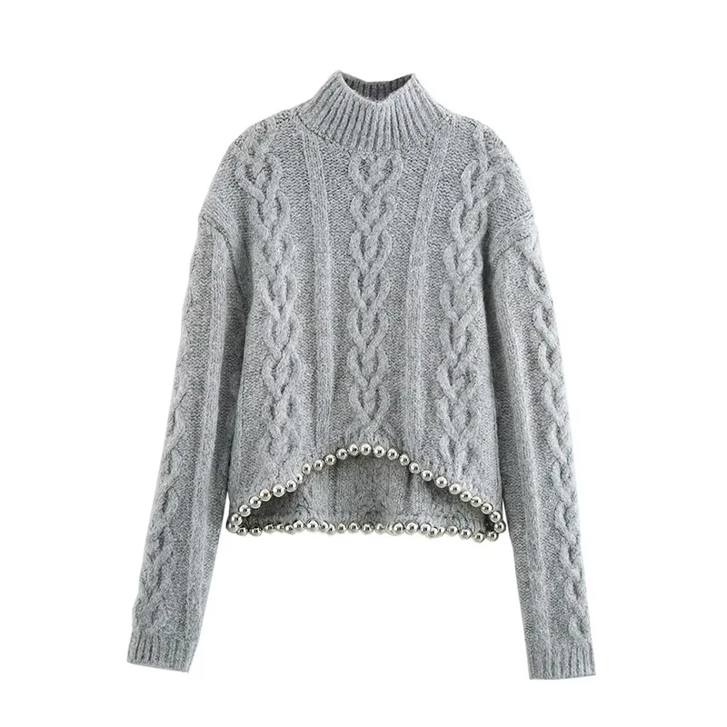 Vintage Beading Twist Pullover Women Knit Gray Long Sleeve High Collar Sweater Lady 2025 High Street Lady All-matching Knitwear