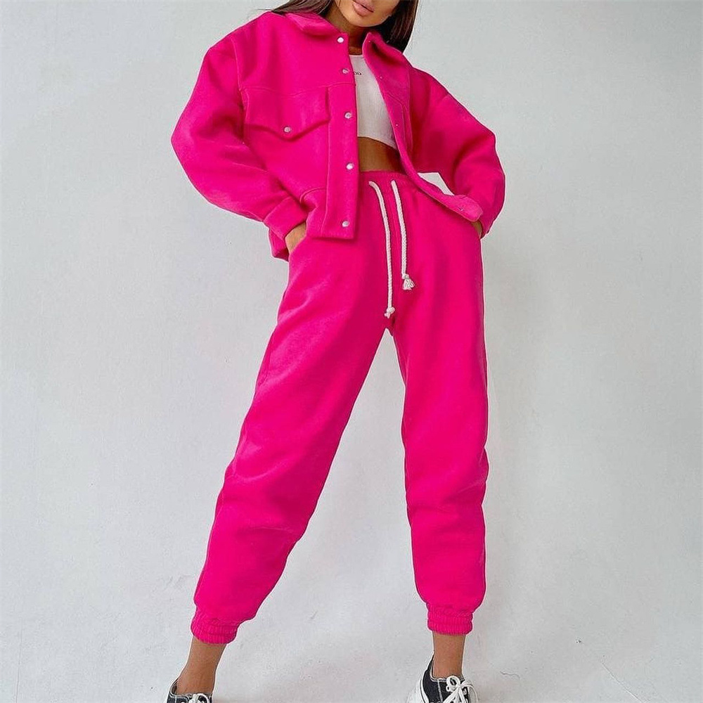 Autumn Winter Solid Color Women Jacket Top Casual Trousers Suit Long Sleeve Coat Sweatshirt Two Piece Set for Women
