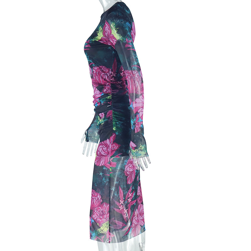 Personality Women Wear Elegant Printed Office Lady Sheath Dress round Neck Long Sleeve Slim Length Dress