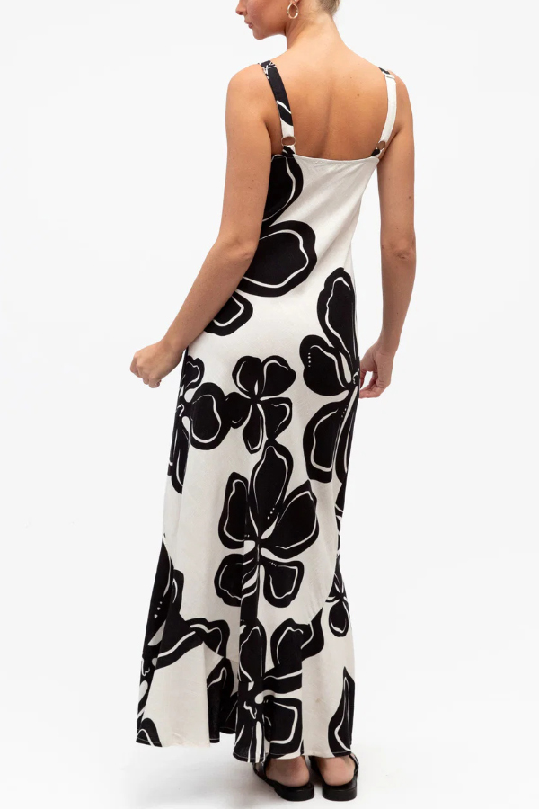 Color-blocked Floral Print Sleeveless Slim-fit Elegant Ruffled Hem Maxi Dress