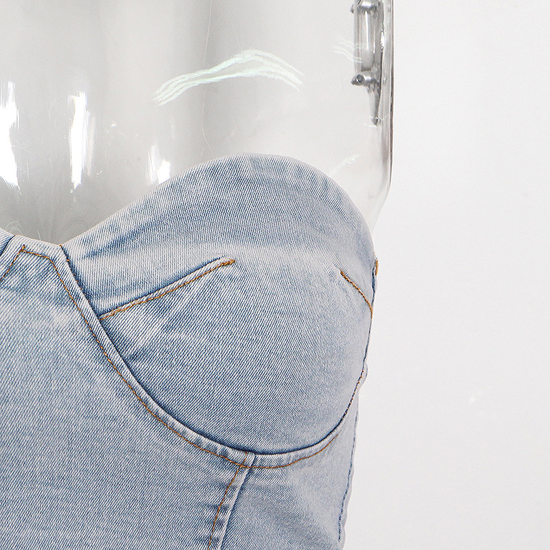 Sexy Pants Set Summer Tube Top Washed Blue Vest High Waist Long Wide Leg Jeans Women