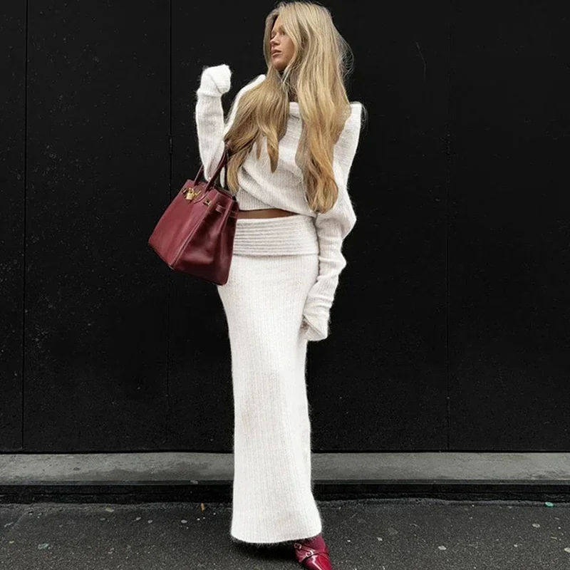 Knitted Skirt 2 Piece Set Women's One-Shoulder Long Sleeves Sweater Pullover Elegant Slim Fit Long Skirt Suit Autumn New