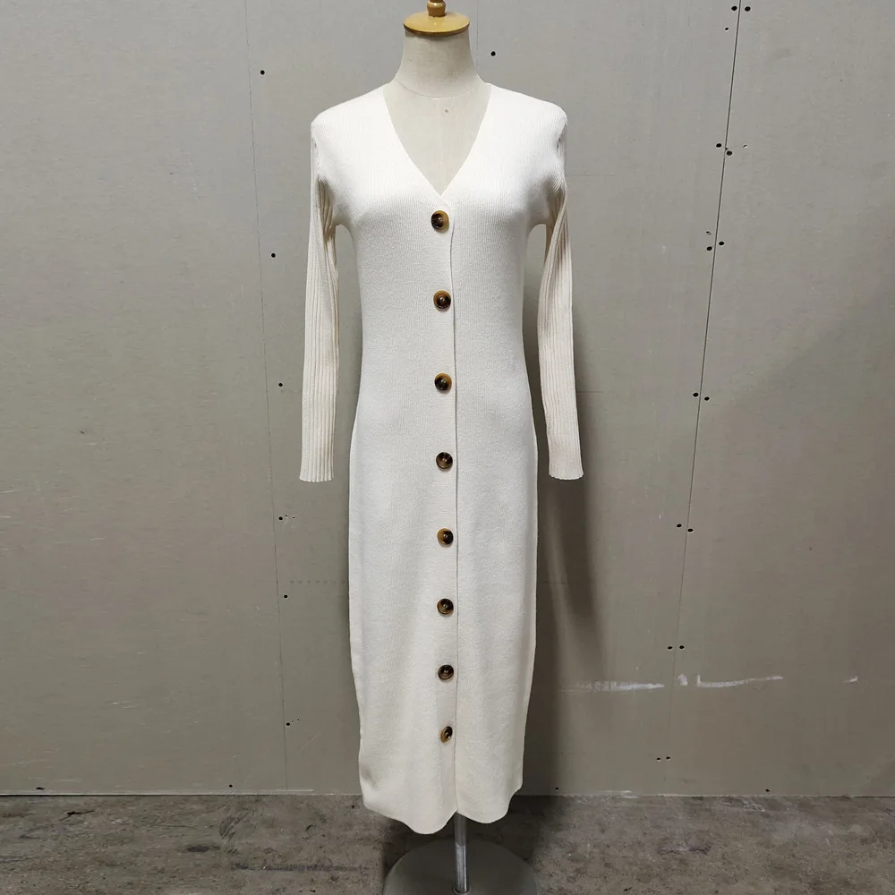 Spring New Knitted Sweater Dress V Neck Long Sleeve Bodycon Midi Dress Cardigan Knitwear Ladies Casual White Dresses 2025