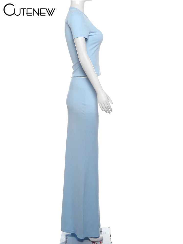 Casual Women Skirts Sets Concise Solid Short Sleeve O-neck Crop Tees+Matching Maxi Bottoms Female Trend Street 2 Piece