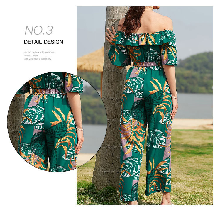 Women Clothing Fashion off-Shoulder Floral Jumpsuit Summer Short Sleeve Chiffon Vacation Beach Jumpsuit