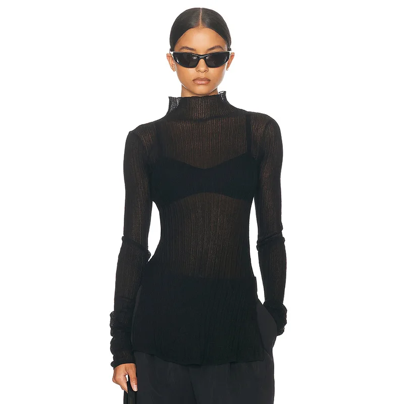 White Knitwear See-Through T-shirt Pullover Female Hollow Out Slim Loose Long Sleeve Casual Tee Women Patchwork Top Tee