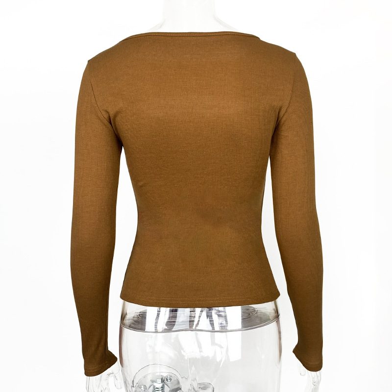 Women Clothing Autumn Winter Chest Hollow-out Long-Sleeved Top Sexy Stretch Rib T-shirt for Women