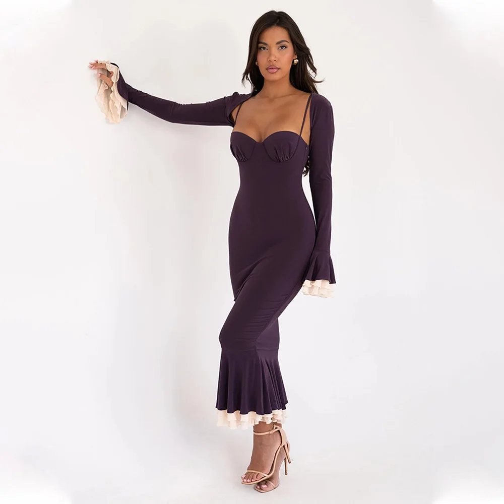 Elegant Long Flared Sleeve Elastic Tight Women Two-piece Set Autumn/Winter New 2025 Sexy Party Club Evening Dress