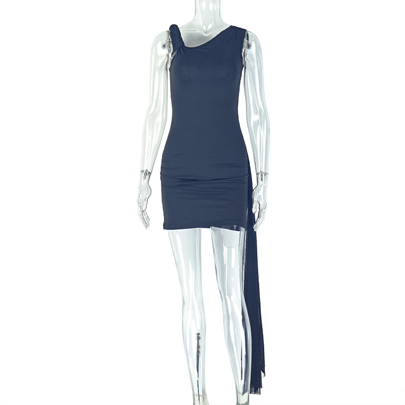 Solid Color Elegant Women Clothing Personality Fashionable Asymmetric Bag Hip Dress Oblique Shoulder Slim Fit Short Dress