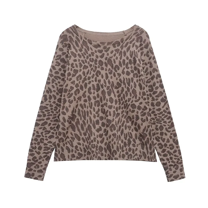 Leopard Knit Pullover Women Casual Loose Round Neck Long Sleeves Sweater Tops 2025 Spring Summer Fashion Lady Y2K Streetwear