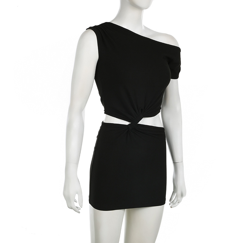 Women Clothing Personalized Shoulder Solid Color Hollow Out Cutout Out Cropped Twisted Stitching Hip Dress Sleeveless Dress