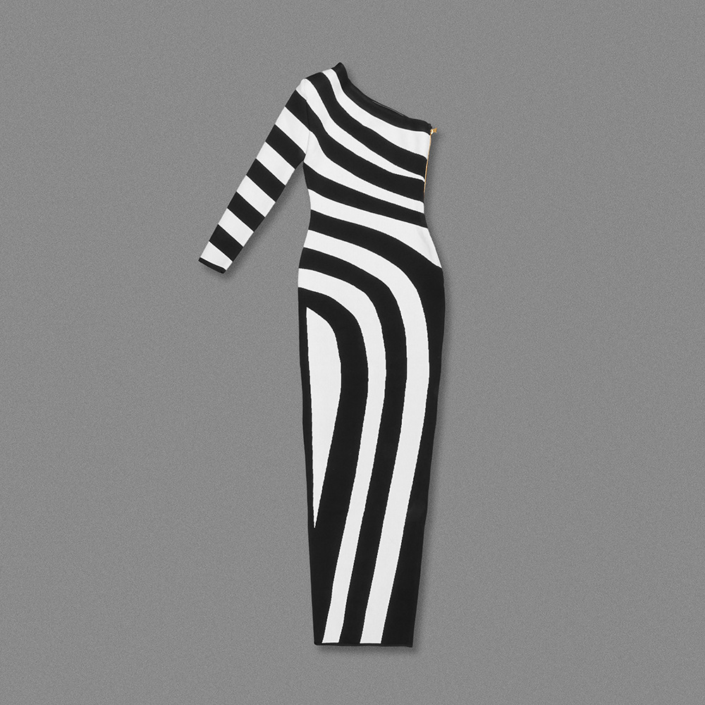 Autumn Winter Black White Striped Sexy High Slit One Shoulder Dress Simple in Bandage Dress