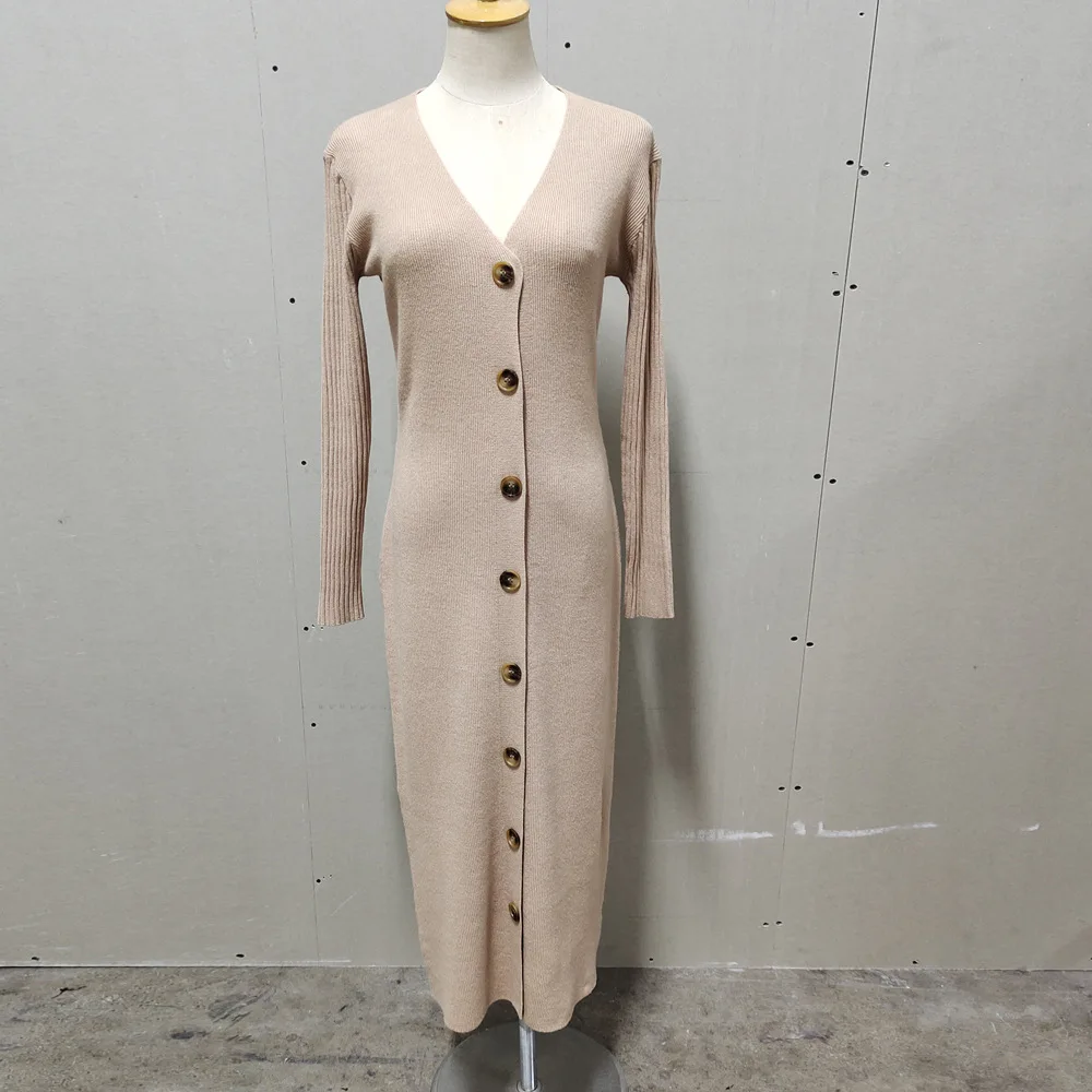 Spring New Knitted Sweater Dress V Neck Long Sleeve Bodycon Midi Dress Cardigan Knitwear Ladies Casual White Dresses 2025