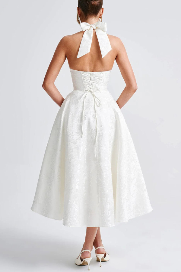 Stylish Jacquard Halter Neck Fitted Waist Open Back Elegant Midi Dress