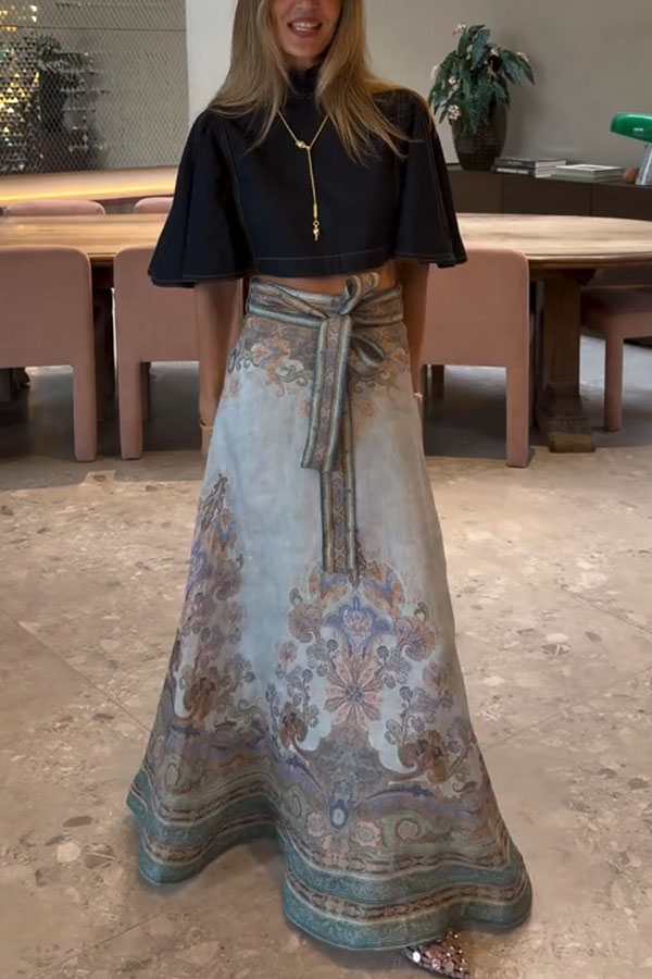 Next Vacation Denim Mock Neck Short Flutter Sleeves Crop Top