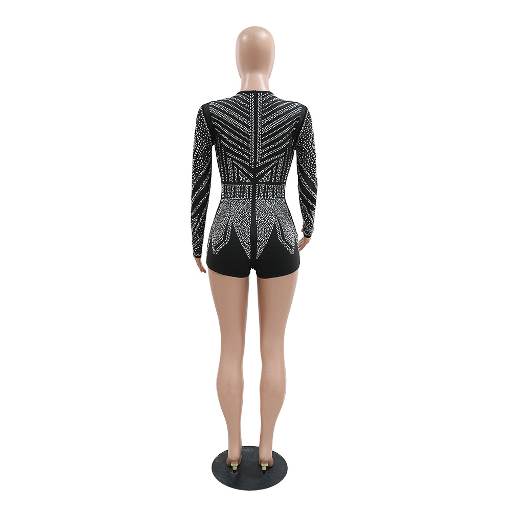 Sexy Deep V Plunge-neck See-through Polyester Mesh Long Sleeve Stitching Straight Slim Fit Bodysuit Women Clothing