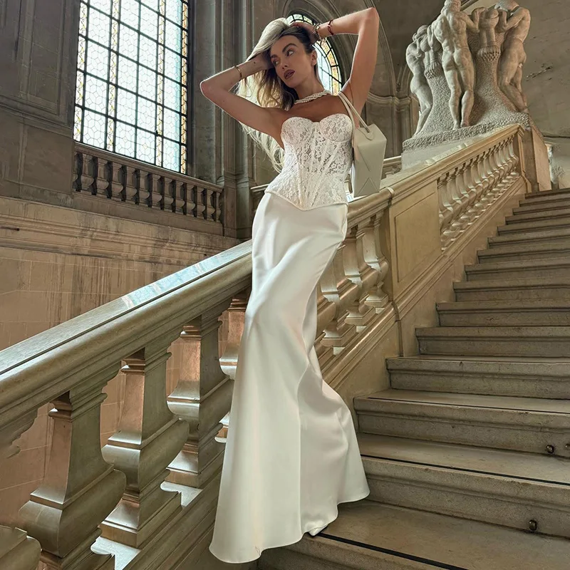 Women's Lace Dress Two Pieces Set Retro Strapless Fish Bones Top Solid Slim Skirt Suit Ladies Elegant Party Dress Sets