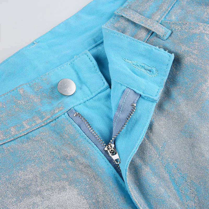 Women Clothing Metallic Coated Fabric Bright Silver Jeans Workwear with Pocket Casual Pants Straight Leg Pants Sets