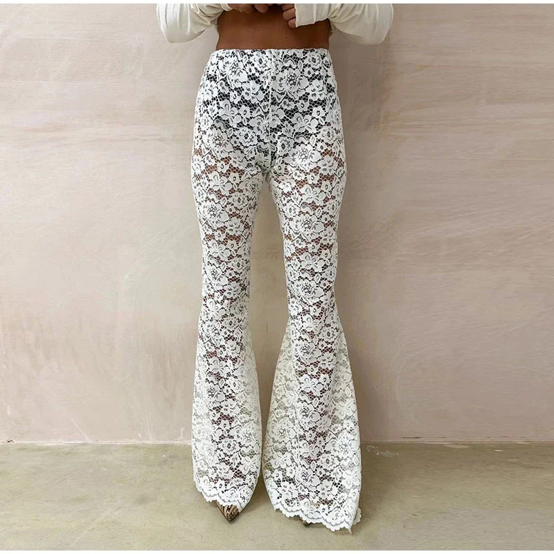Sexy Lace Sheer Flare Pant Women Hollow Out Lady Vacation Long Trousers Female 2025 Spring Elastic High Waist Streetwear New