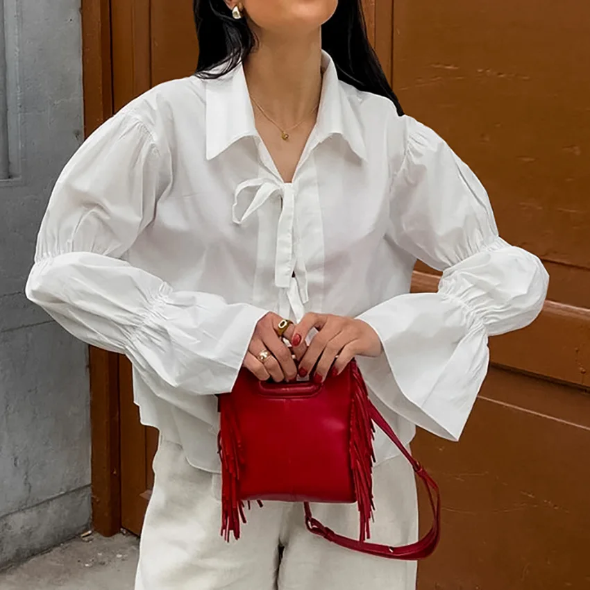 Chiffon Lace-Up Hollow Out Shirts Women's Lapel Patchwork Bandage Long Sleeve Fashion Blouse Top Female White Outwear