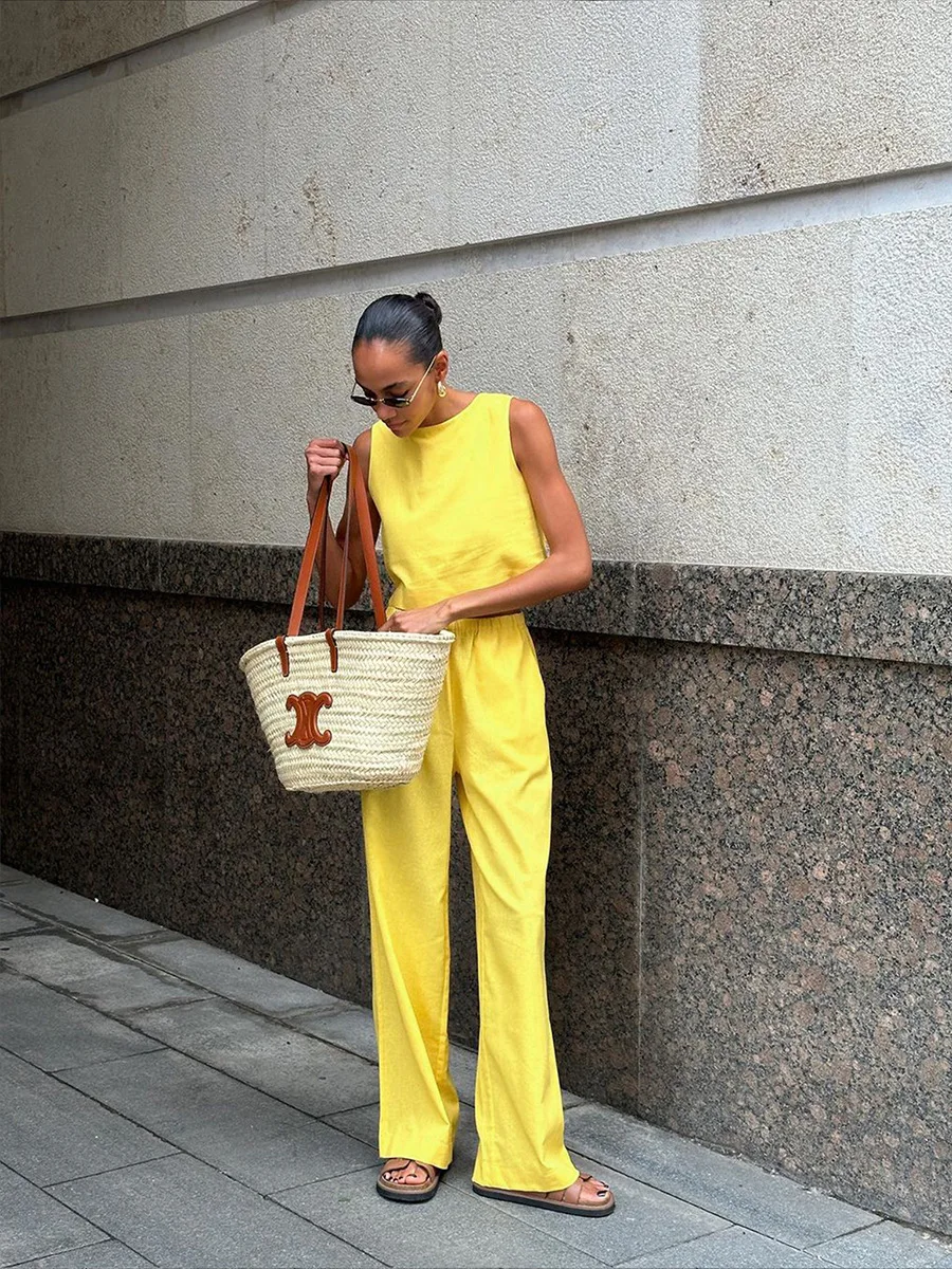 Summer Fashion 2 Piece-Set Women's Pants Sleeveless Cropped Vest Top And Wide Leg Trousers Sets Female Outfits Trousers