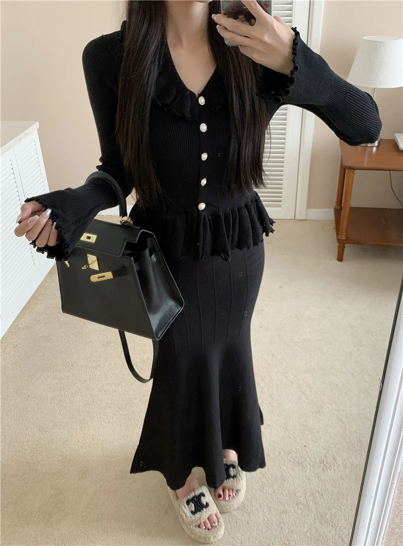 Autumn Winter Knitted 2-Piece Sets Women Ruffles Tops Bodycon Fishtail Skirt Slim Solid Knitwear Outfits Korean Fashion Suit