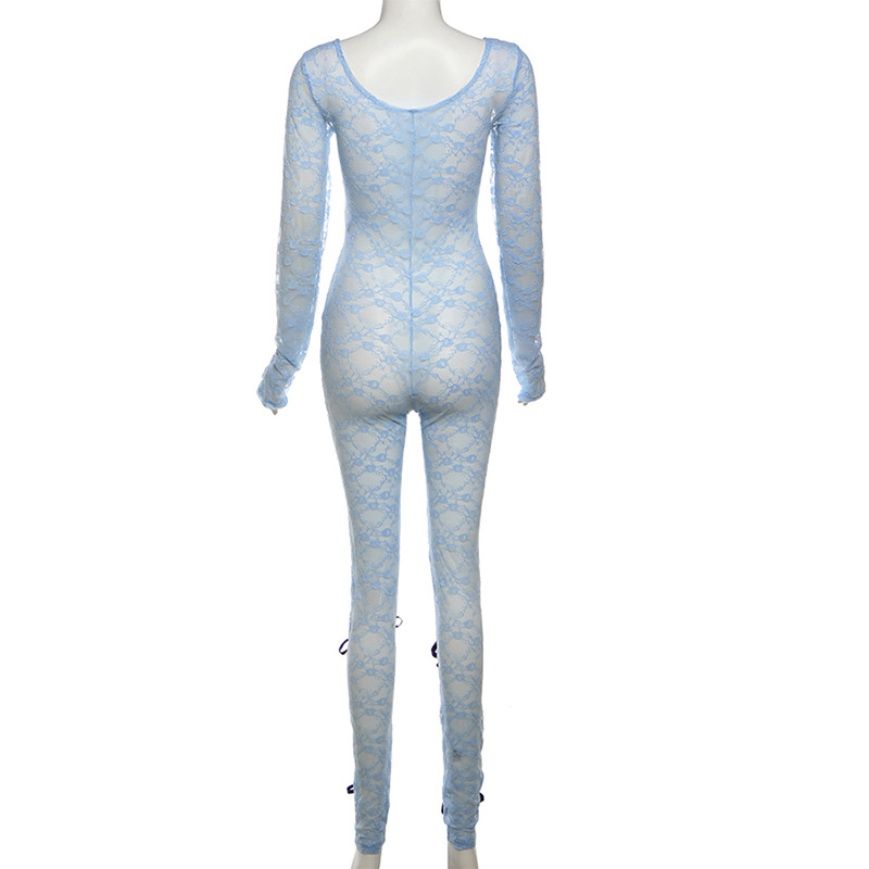 Spring Sexy See through Hollow Out Cutout High Waist Jacquard Tight Long Sleeve Lace Jumpsuit Women