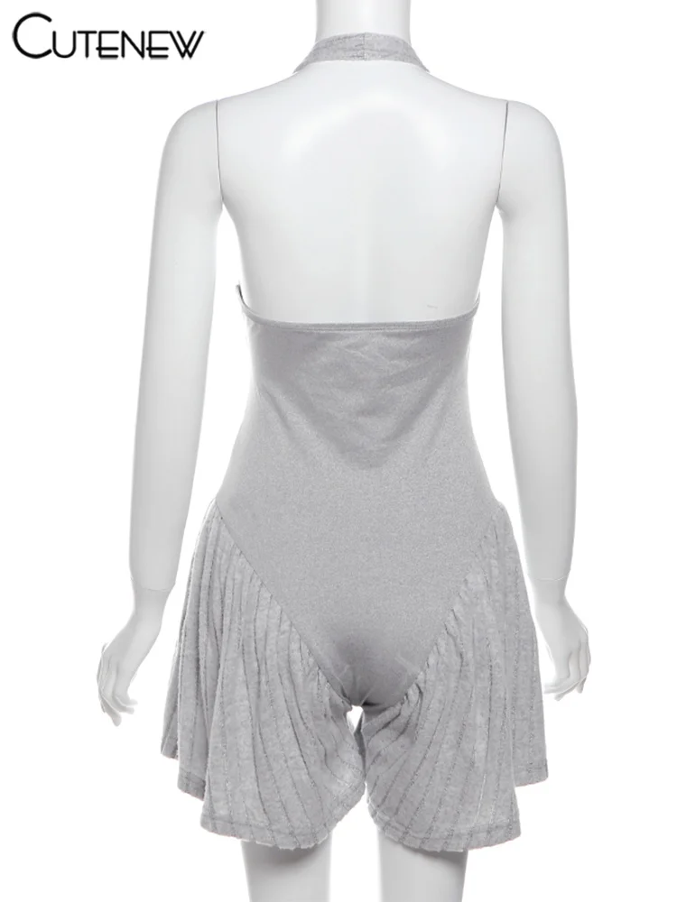 Patchwork Halter Playsuits Women Casual Striped Sleeveless V-neck Zip-up Cleavage Slim Rompers Female Concise Summer Wea