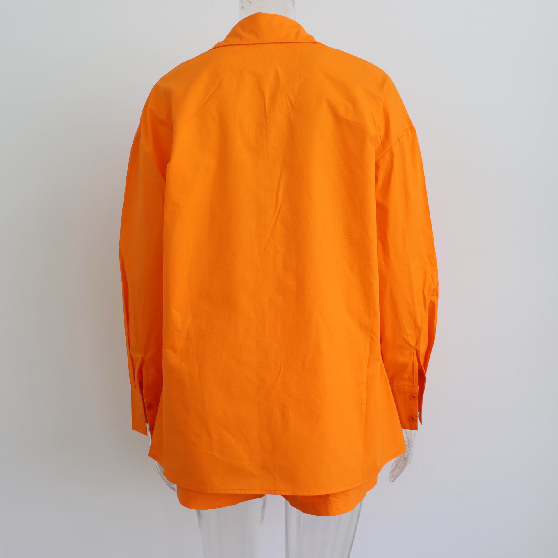 Spring Summer Two Piece Set Solid Color Single Breasted Long Sleeve Collared Shirt Shorts Loose Casual Set